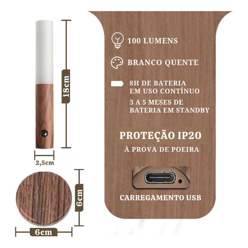 Luminaria Led Recarregável Sensor de Movimento Arandela de Madeira Minimalist Mesa Parede Magnética