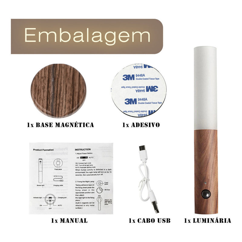 Luminaria Led Recarregável Sensor de Movimento Arandela de Madeira Minimalist Mesa Parede Magnética